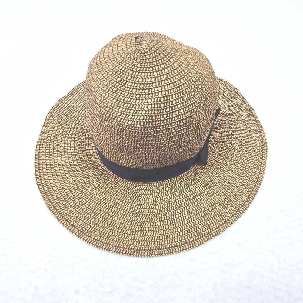Pugs Sun Hat Womens One Size Brown Straw Wide Brim Ribbon Bow Summer Beach